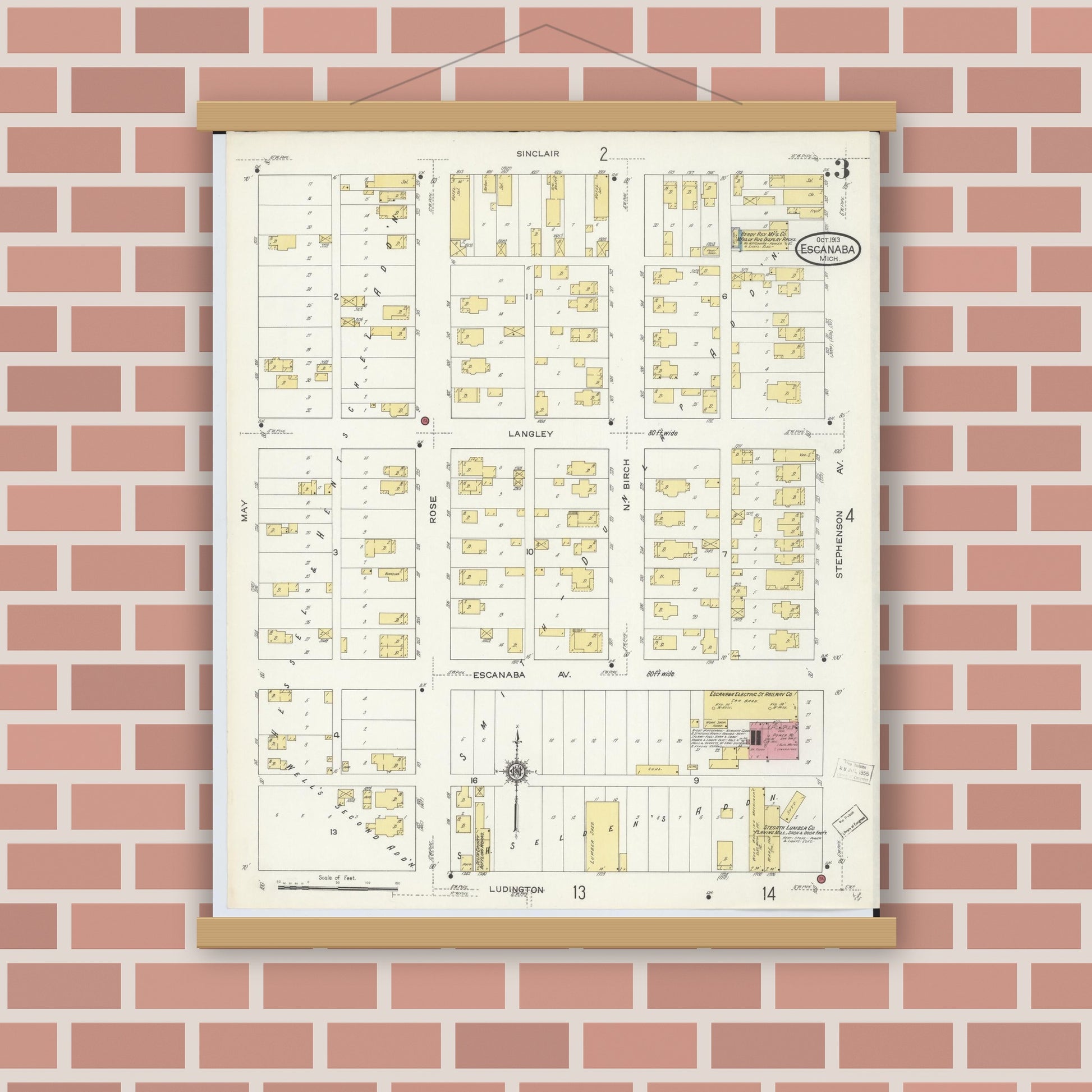 Old map wall art mockup — magnetic wood frame on brick wall — Sanborn Fire Insurance Map from Escanaba, Delta County, Michigan (1913), Sheet #0003