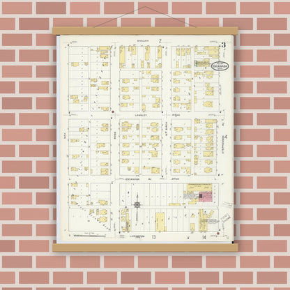 Old map wall art mockup — magnetic wood frame on brick wall — Sanborn Fire Insurance Map from Escanaba, Delta County, Michigan (1913), Sheet #0003