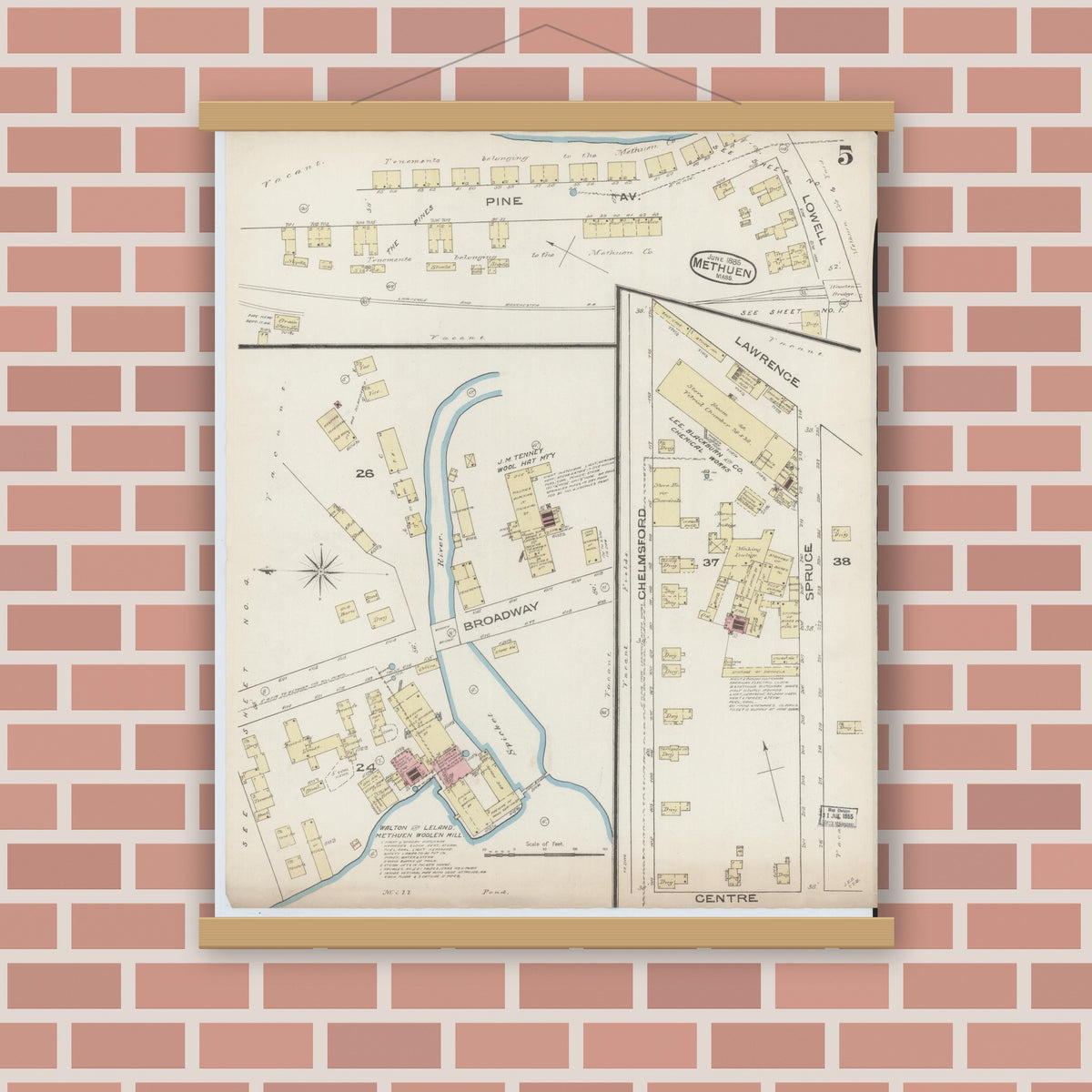 Old map wall art mockup — magnetic wood frame on brick wall — Sanborn Fire Insurance Map from Methuen, Essex County, Massachusetts (1885), Sheet #0005