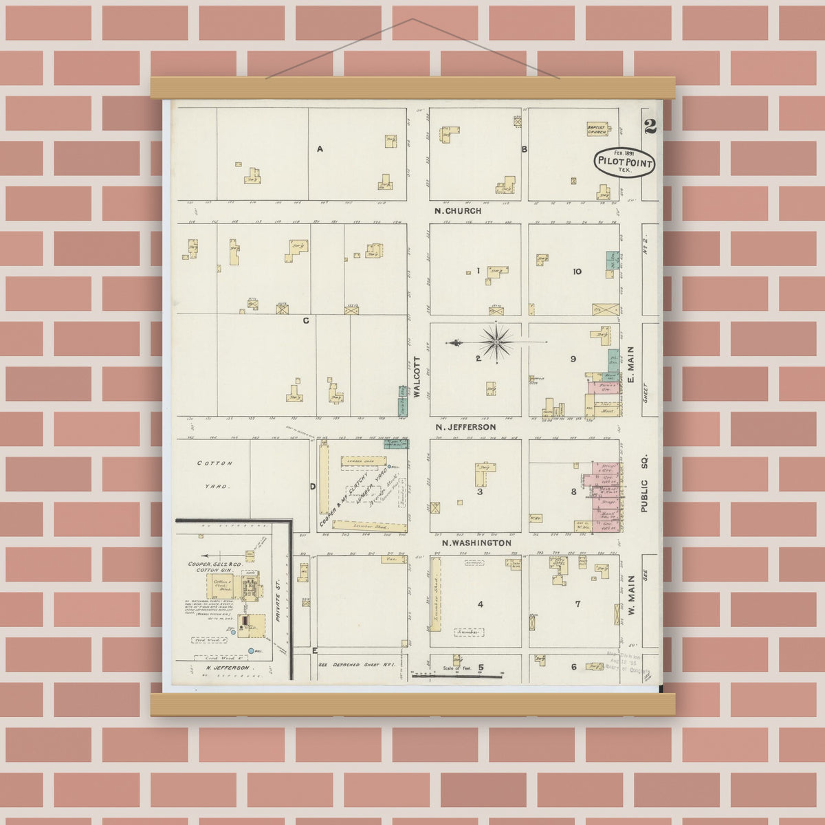 Old map wall art mockup — magnetic wood frame on brick wall — Sanborn Fire Insurance Map from Pilot Point, Denton County, Texas (1891), Sheet #0002