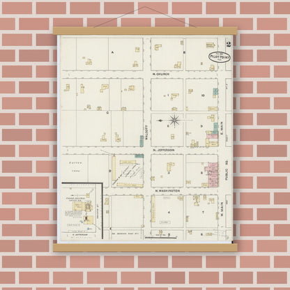 Old map wall art mockup — magnetic wood frame on brick wall — Sanborn Fire Insurance Map from Pilot Point, Denton County, Texas (1891), Sheet #0002