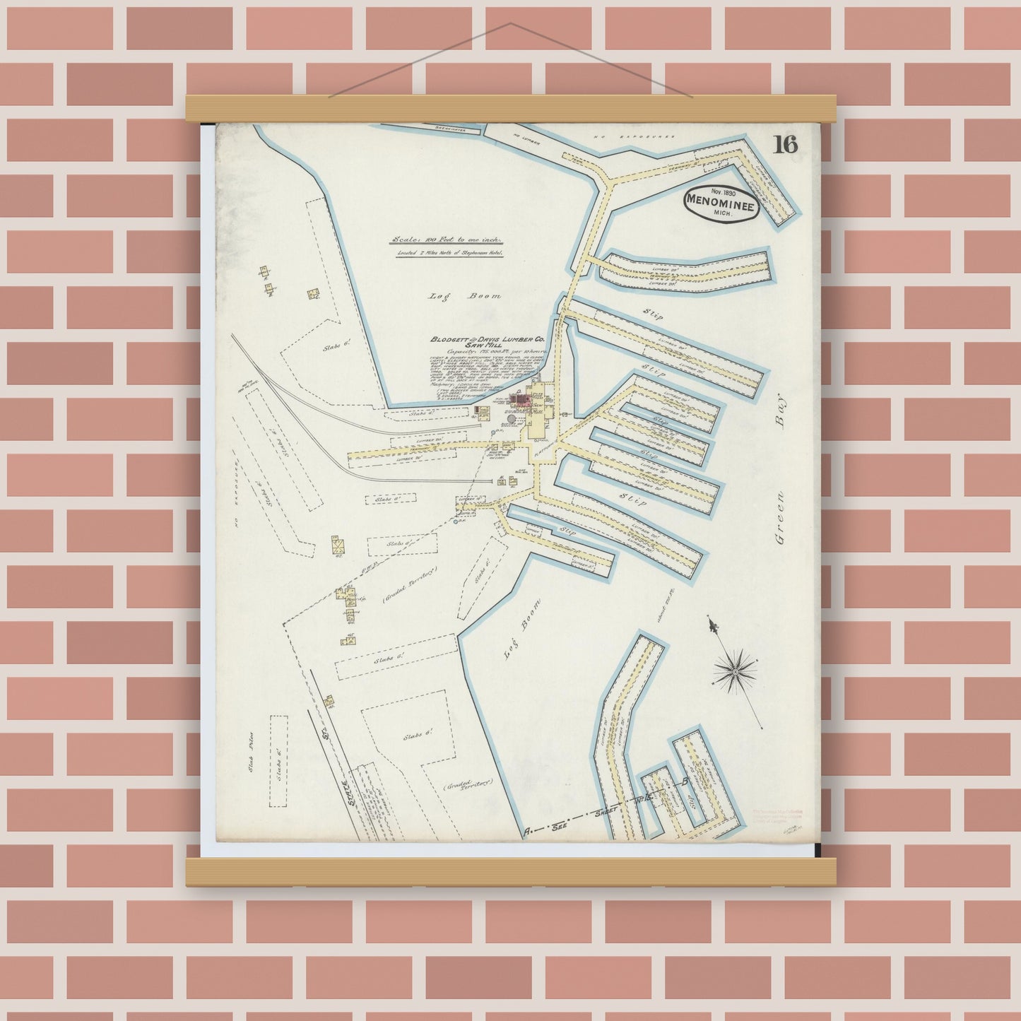 Old map wall art mockup — magnetic wood frame on brick wall — Sanborn Fire Insurance Map from Menominee, Menominee County, Michigan (1890), Sheet #0016