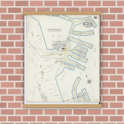 Old map wall art mockup — magnetic wood frame on brick wall — Sanborn Fire Insurance Map from Menominee, Menominee County, Michigan (1890), Sheet #0016
