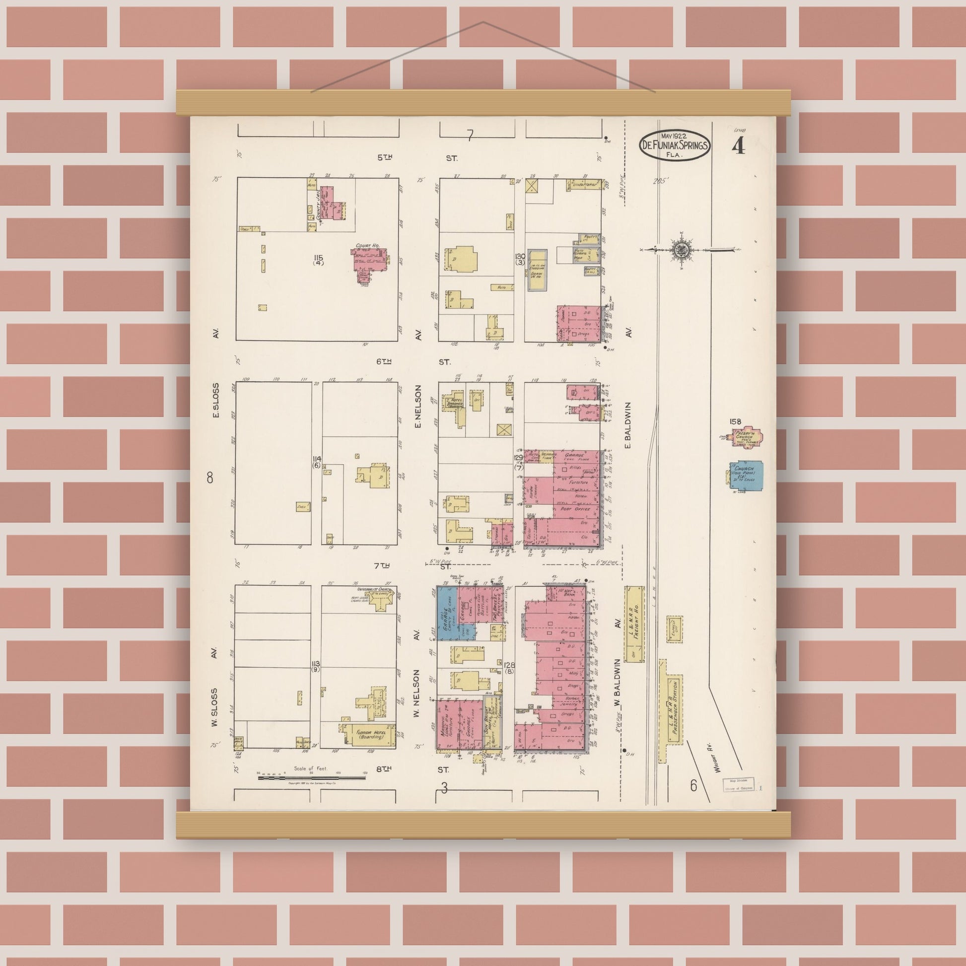 Old map wall art mockup — magnetic wood frame on brick wall — Sanborn Fire Insurance Map from De Funiak Springs, Walton County, Florida (1922), Sheet #0004