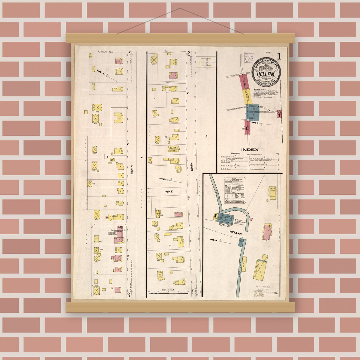 Old map wall art mockup — magnetic wood frame on brick wall — Sanborn Fire Insurance Map from Hellam, York County, Pennsylvania (1908), Sheet #0001