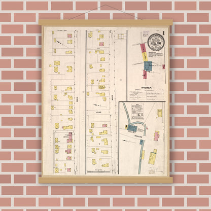 Old map wall art mockup — magnetic wood frame on brick wall — Sanborn Fire Insurance Map from Hellam, York County, Pennsylvania (1908), Sheet #0001