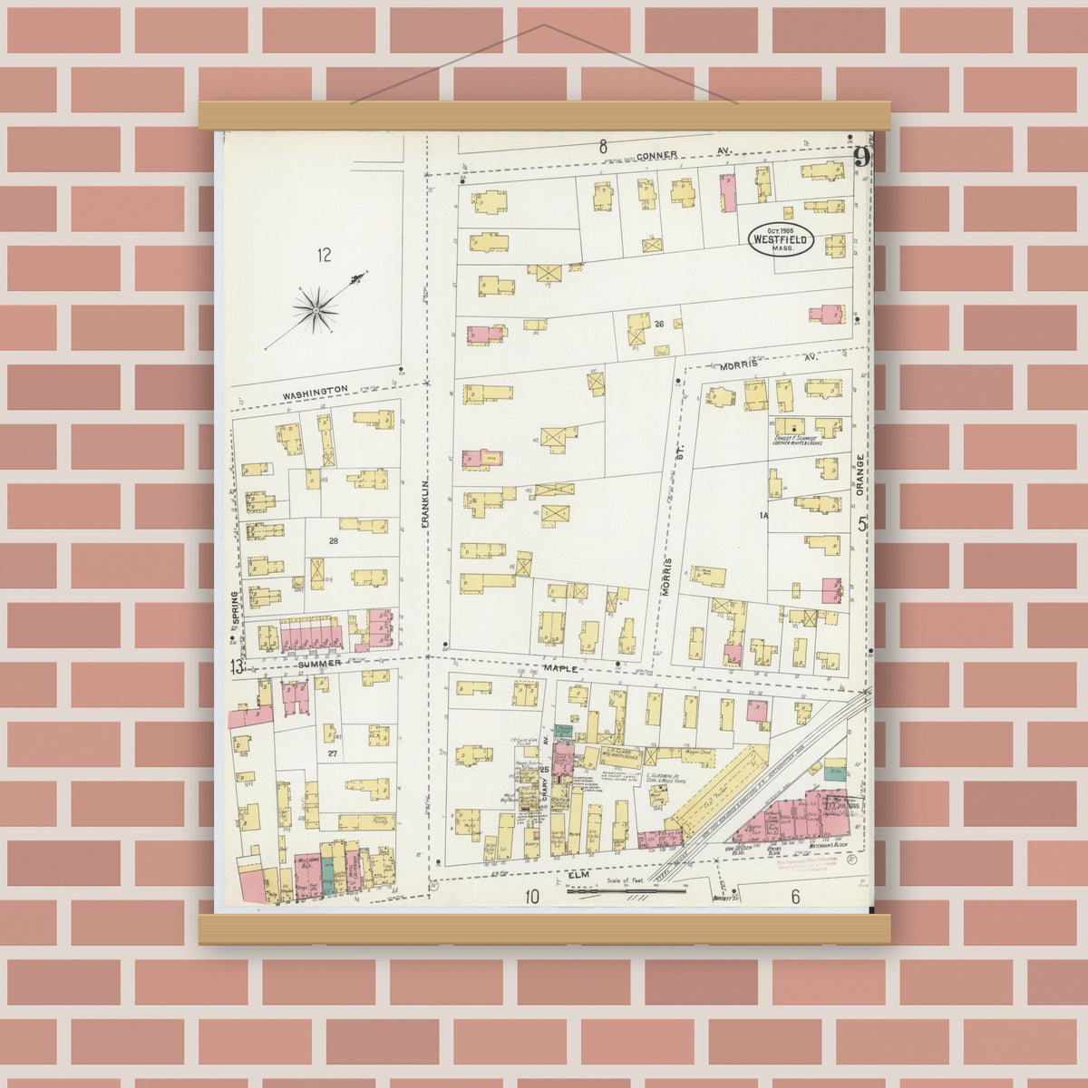 Old map wall art mockup — magnetic wood frame on brick wall — Sanborn Fire Insurance Map from Westfield, Hampden County, Massachusetts (1905), Sheet #0009