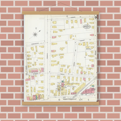 Old map wall art mockup — magnetic wood frame on brick wall — Sanborn Fire Insurance Map from Westfield, Hampden County, Massachusetts (1905), Sheet #0009