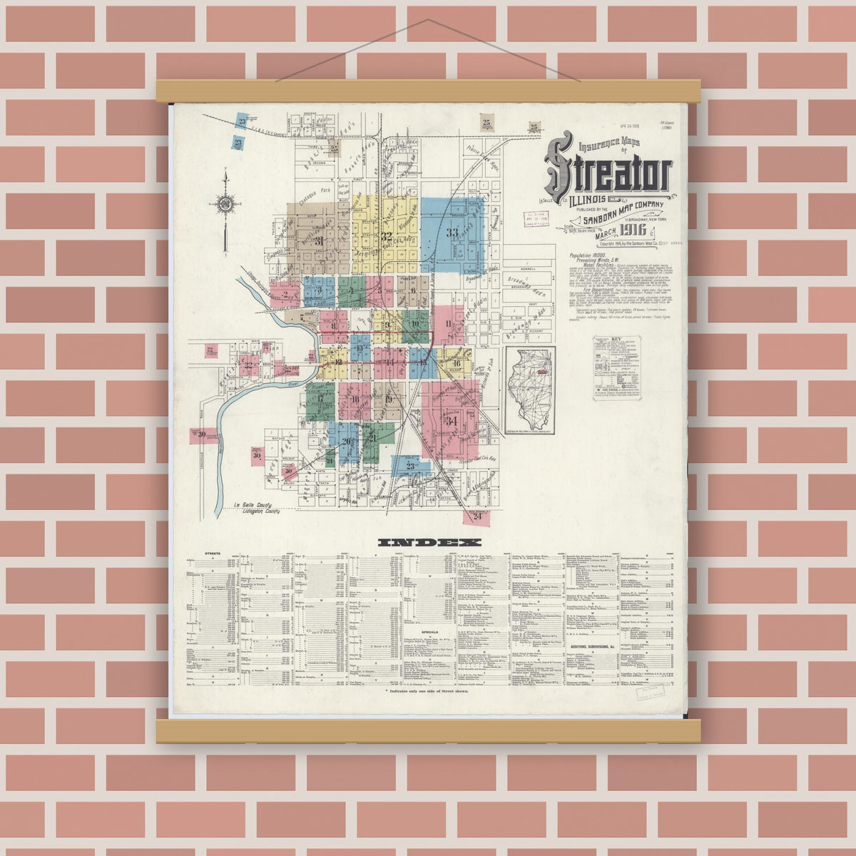 Old map wall art mockup — magnetic wood frame on brick wall — Sanborn Fire Insurance Map from Streator, La Salle County, Illinois (1916), Sheet #0001
