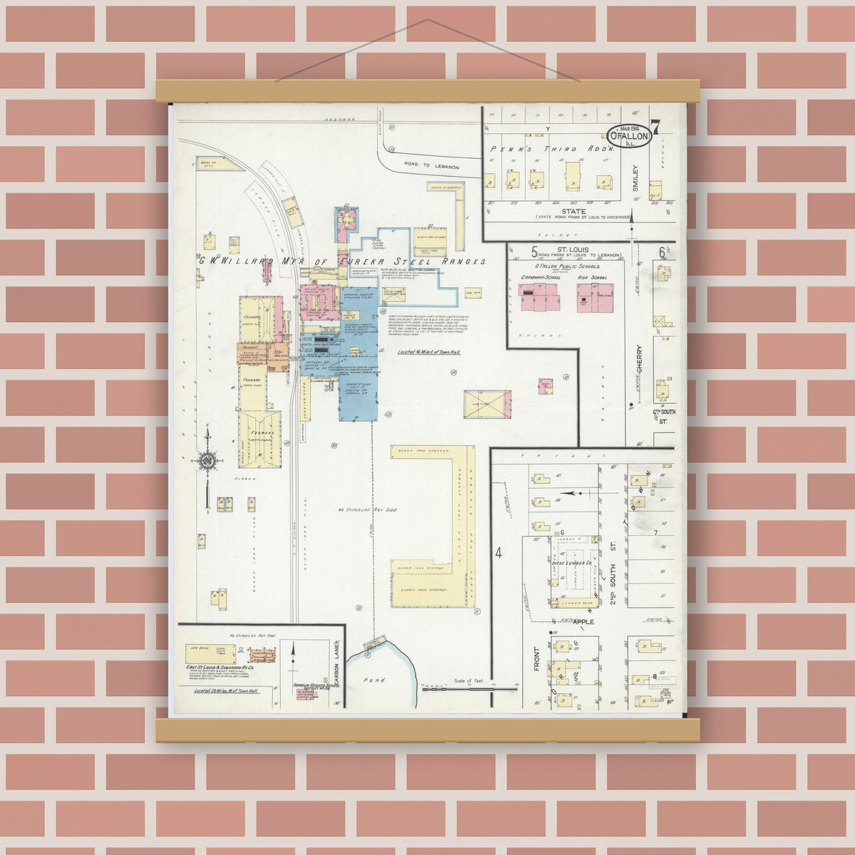 Old map wall art mockup — magnetic wood frame on brick wall — Sanborn Fire Insurance Map from O'Fallon, Saint Clair County, Illinois (1914), Sheet #0007