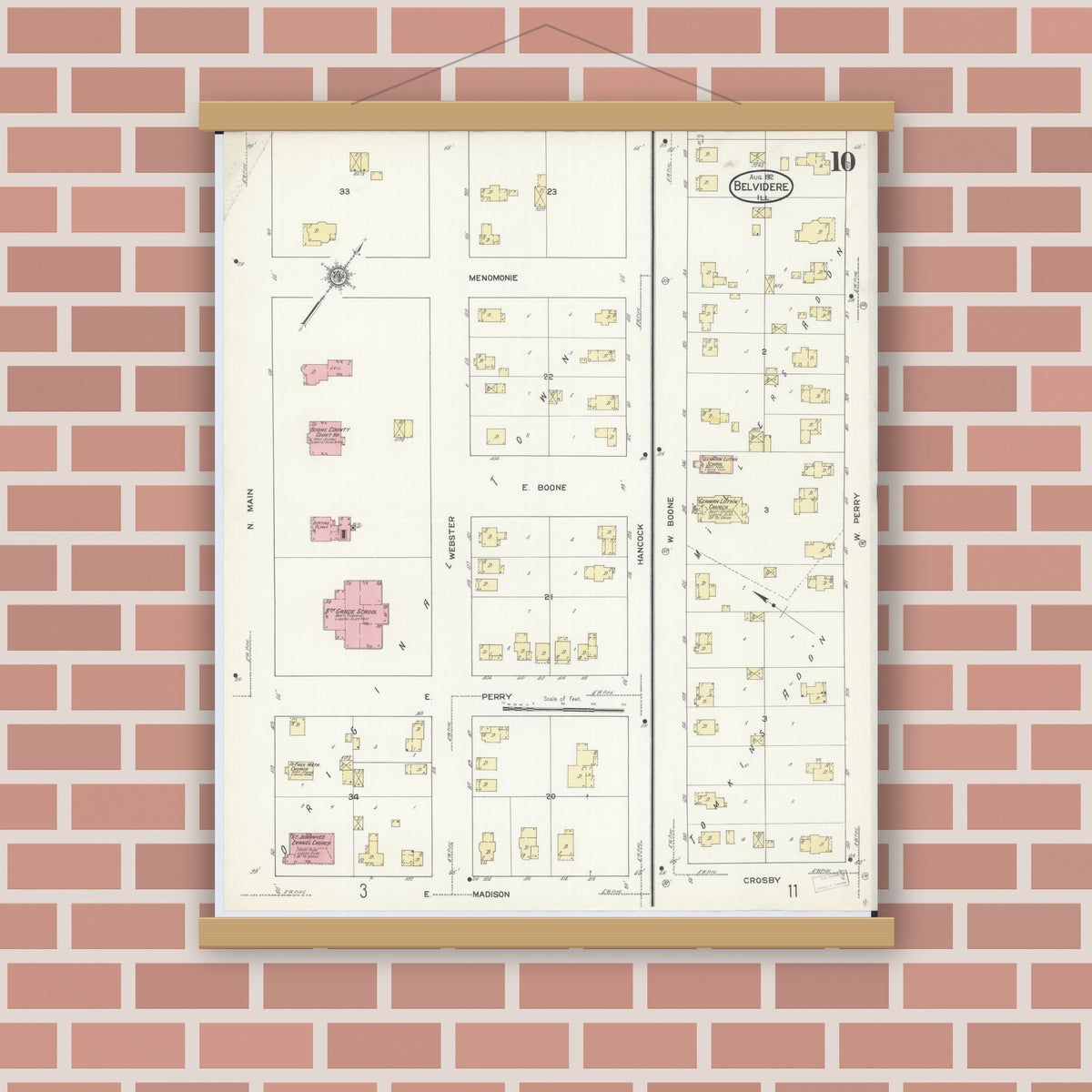 Old map wall art mockup — magnetic wood frame on brick wall — Sanborn Fire Insurance Map from Belvidere, Boone County, Illinois (1912), Sheet #0010