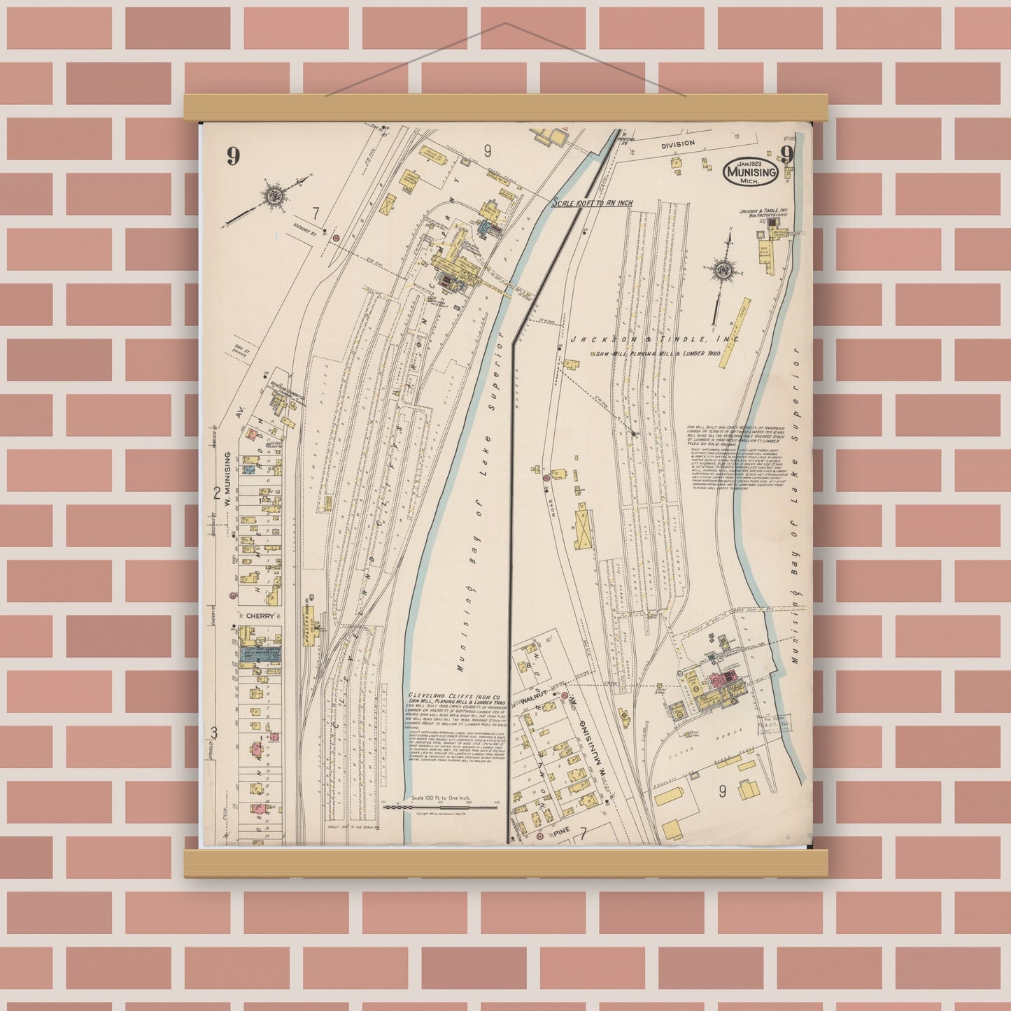 Old map wall art mockup — magnetic wood frame on brick wall — Sanborn Fire Insurance Map from Munising, Alger County, Michigan (1923), Sheet #0009