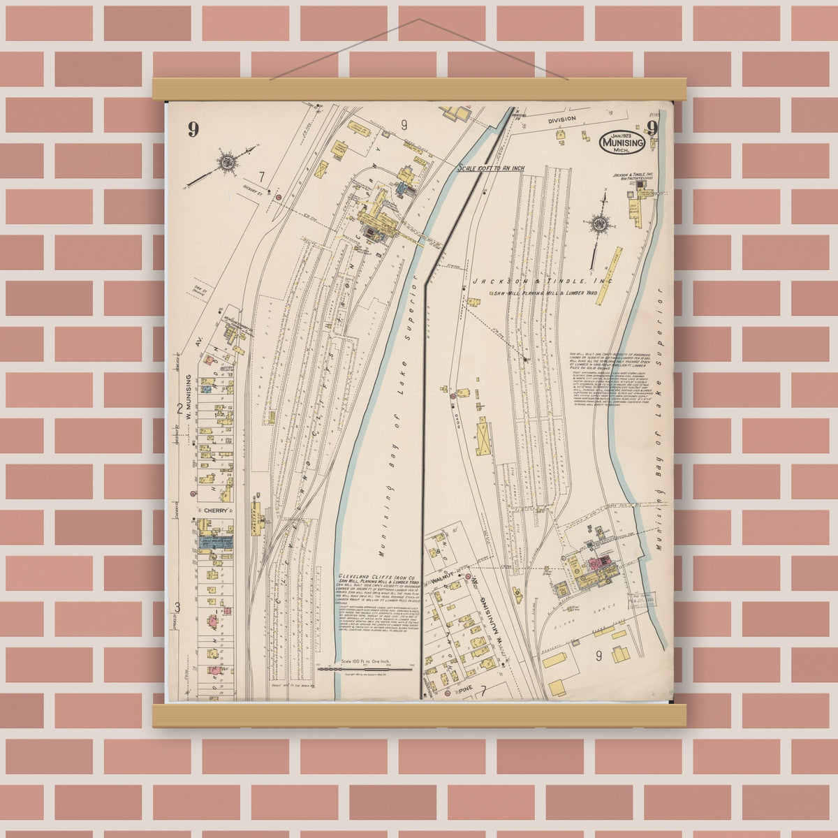 Old map wall art mockup — magnetic wood frame on brick wall — Sanborn Fire Insurance Map from Munising, Alger County, Michigan (1923), Sheet #0009