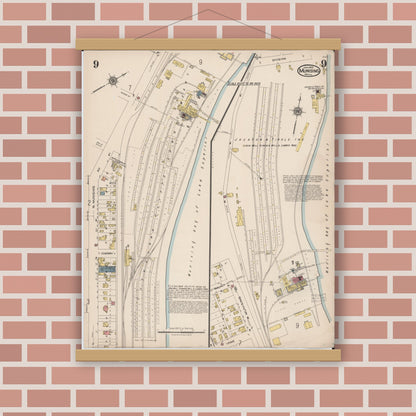 Old map wall art mockup — magnetic wood frame on brick wall — Sanborn Fire Insurance Map from Munising, Alger County, Michigan (1923), Sheet #0009