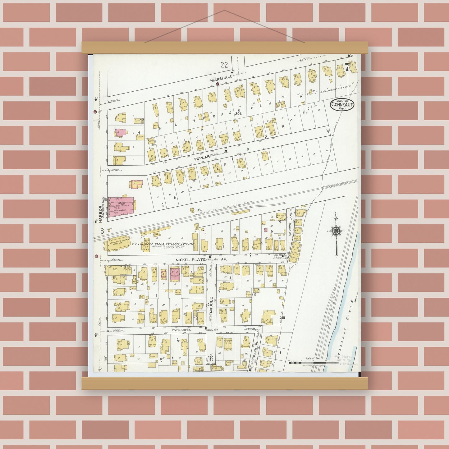 Old map wall art mockup — magnetic wood frame on brick wall — Sanborn Fire Insurance Map from Conneaut, Ashtabula County, Ohio (1919), Sheet #0007