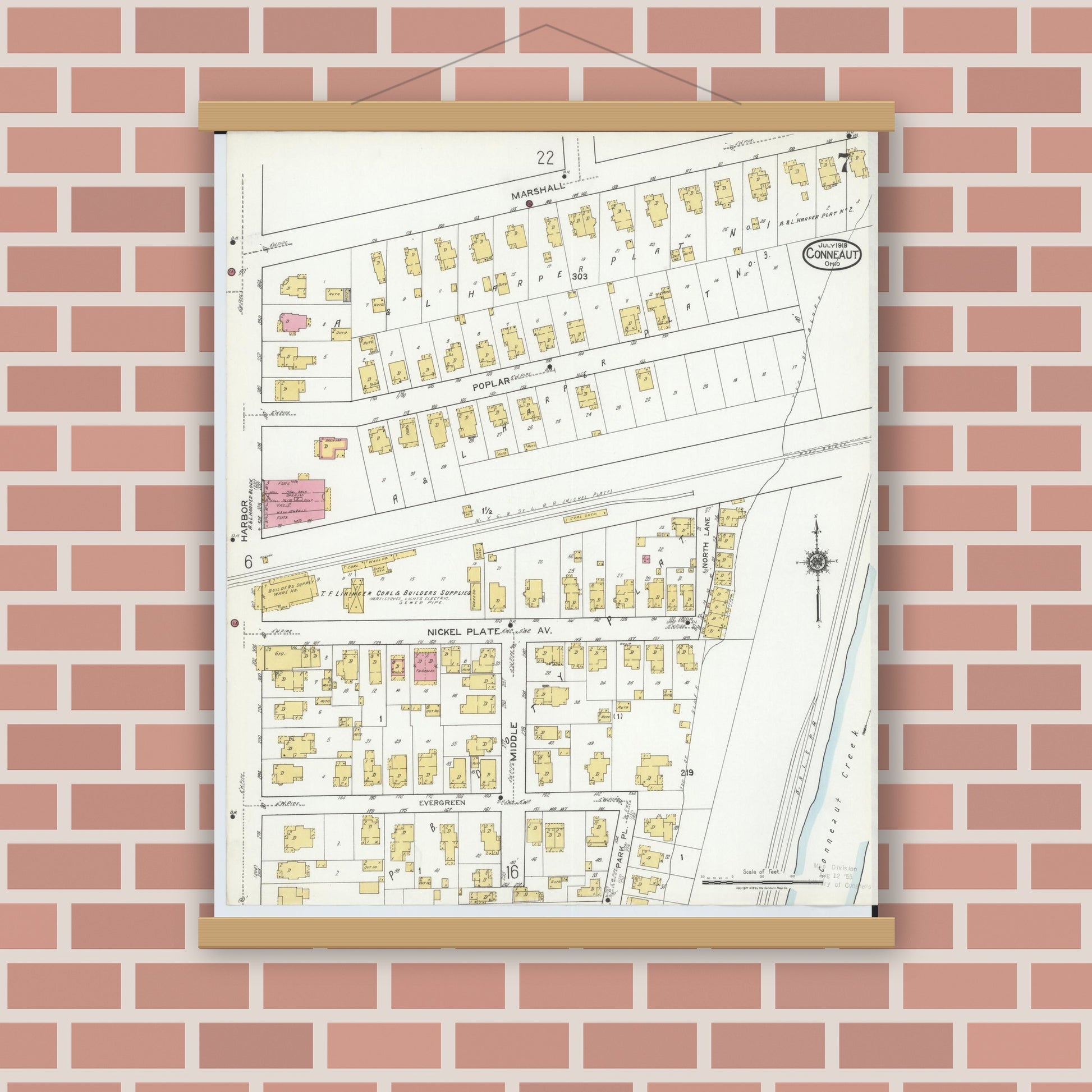 Old map wall art mockup — magnetic wood frame on brick wall — Sanborn Fire Insurance Map from Conneaut, Ashtabula County, Ohio (1919), Sheet #0007