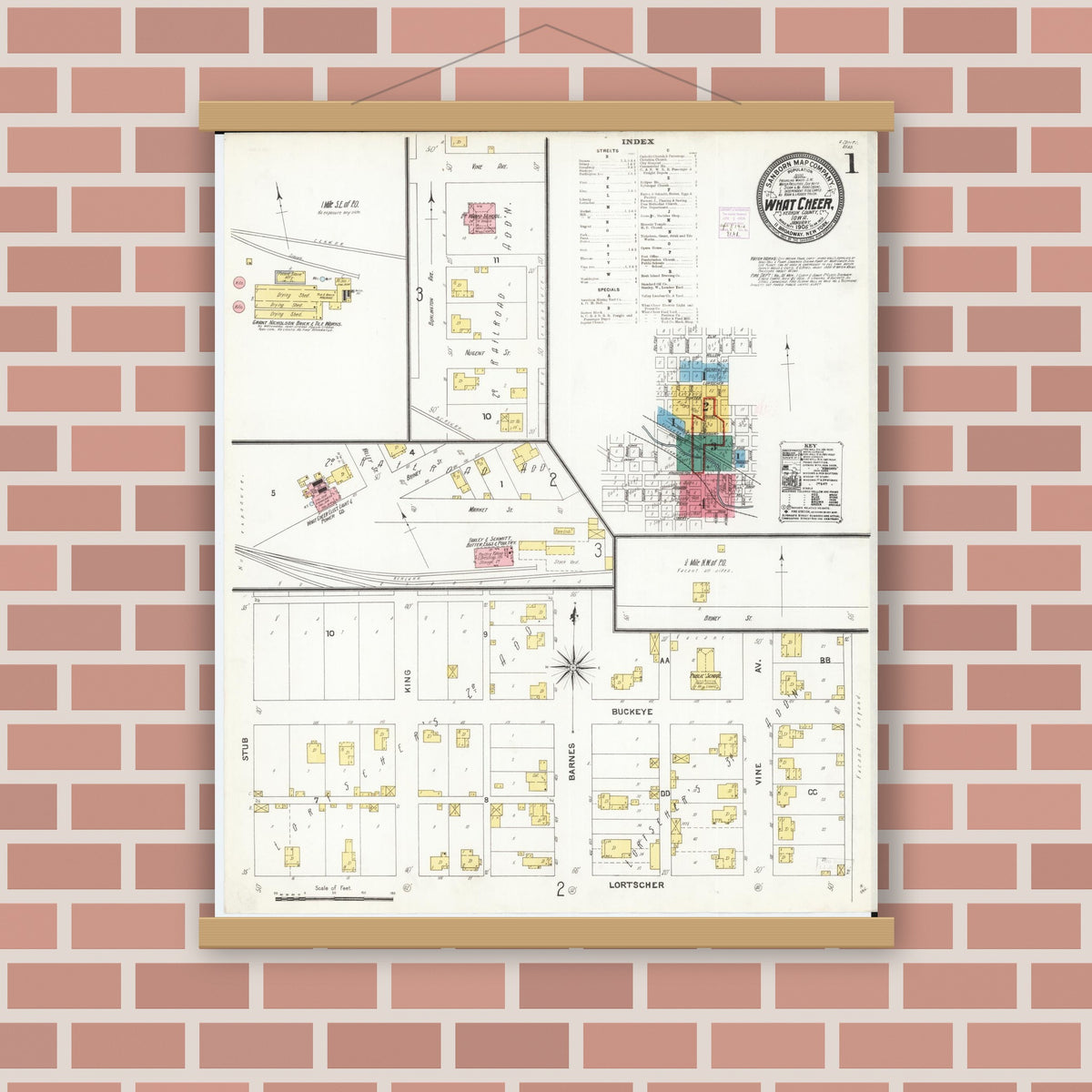 Old map wall art mockup — magnetic wood frame on brick wall — Sanborn Fire Insurance Map from What Cheer, Keokuk County, Iowa (1906), Sheet #0001