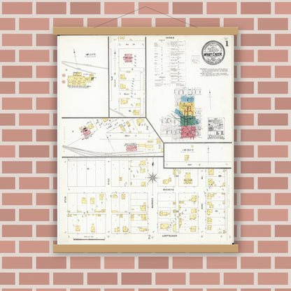 Old map wall art mockup — magnetic wood frame on brick wall — Sanborn Fire Insurance Map from What Cheer, Keokuk County, Iowa (1906), Sheet #0001