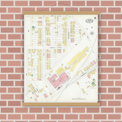Old map wall art mockup — magnetic wood frame on brick wall — Sanborn Fire Insurance Map from Lewistown, Mifflin County, Pennsylvania (1904), Sheet #0003