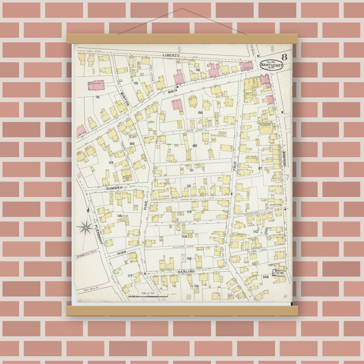 Old map wall art mockup — magnetic wood frame on brick wall — Sanborn Fire Insurance Map from Nantucket, Nantucket County, Massachusetts (1892), Sheet #0008