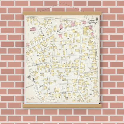 Old map wall art mockup — magnetic wood frame on brick wall — Sanborn Fire Insurance Map from Nantucket, Nantucket County, Massachusetts (1892), Sheet #0008