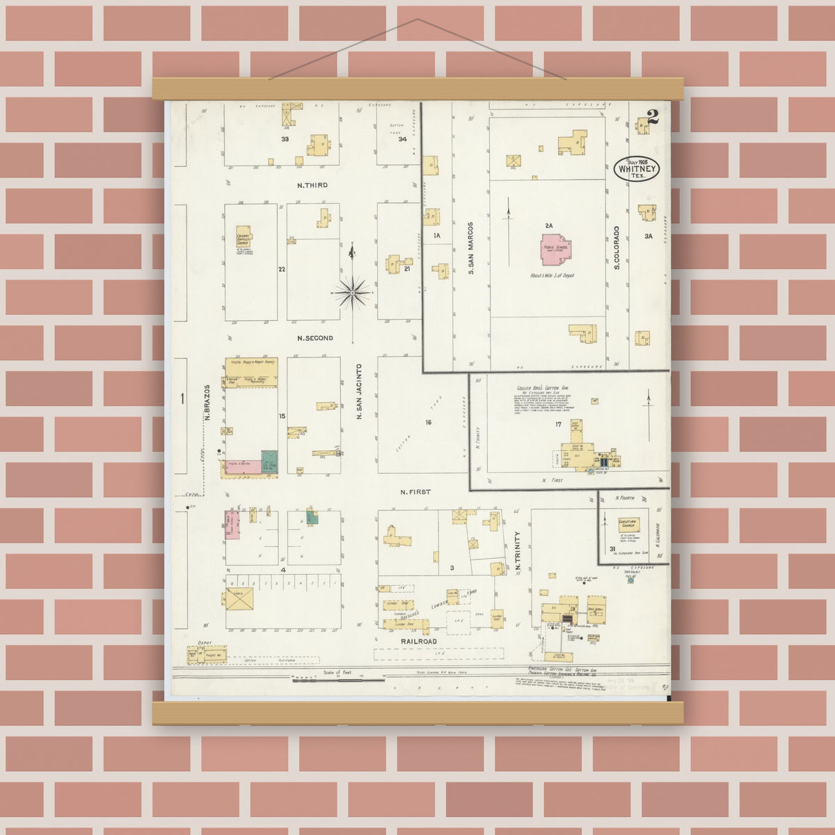 Old map wall art mockup — magnetic wood frame on brick wall — Sanborn Fire Insurance Map from Whitney, Hill County, Texas (1905), Sheet #0002
