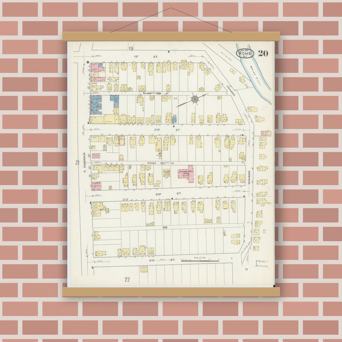 Old map wall art mockup — magnetic wood frame on brick wall — Sanborn Fire Insurance Map from Rome, Oneida County, New York (1914), Sheet #0020