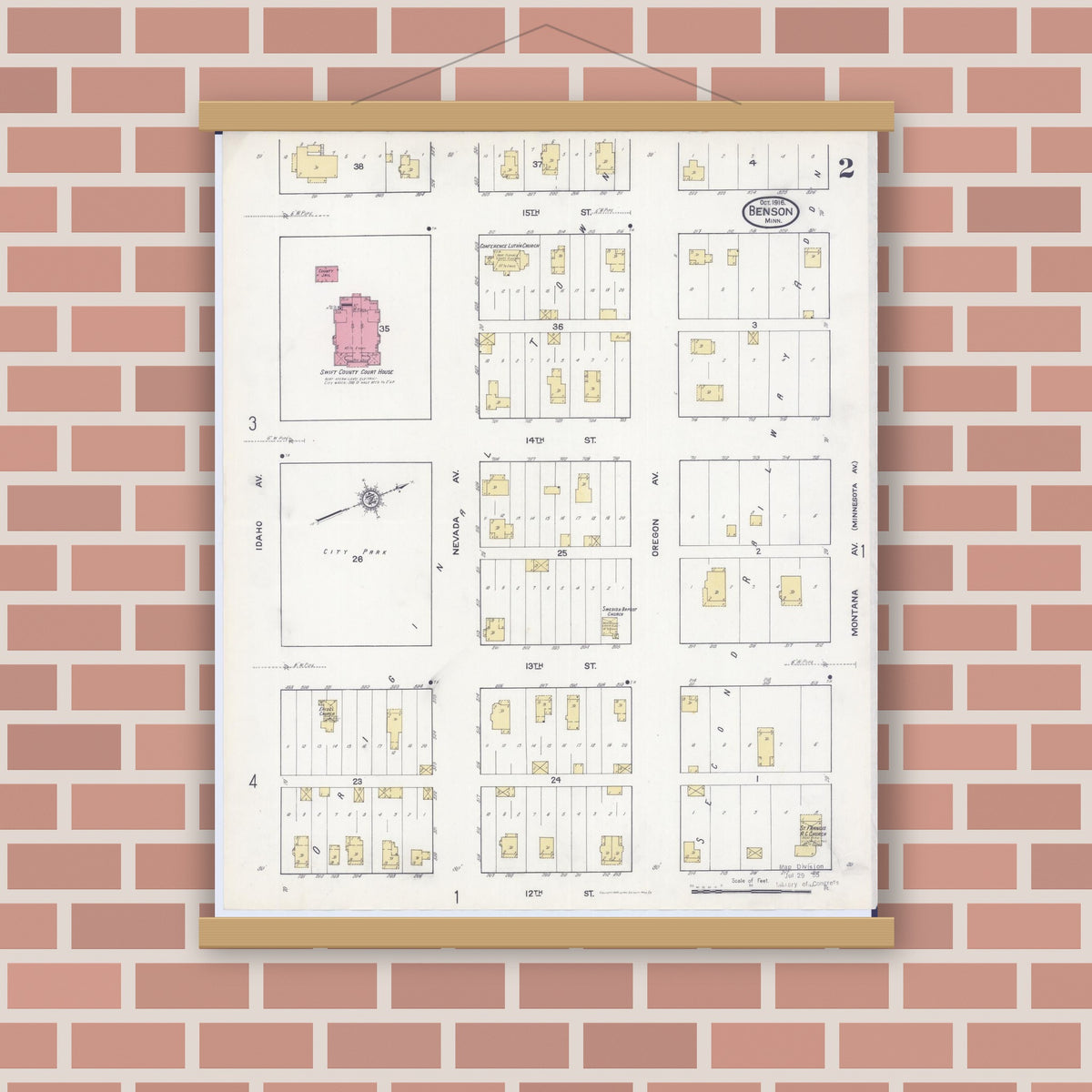 Old map wall art mockup — magnetic wood frame on brick wall — Sanborn Fire Insurance Map from Benson, Swift County, Minnesota (1916), Sheet #0002