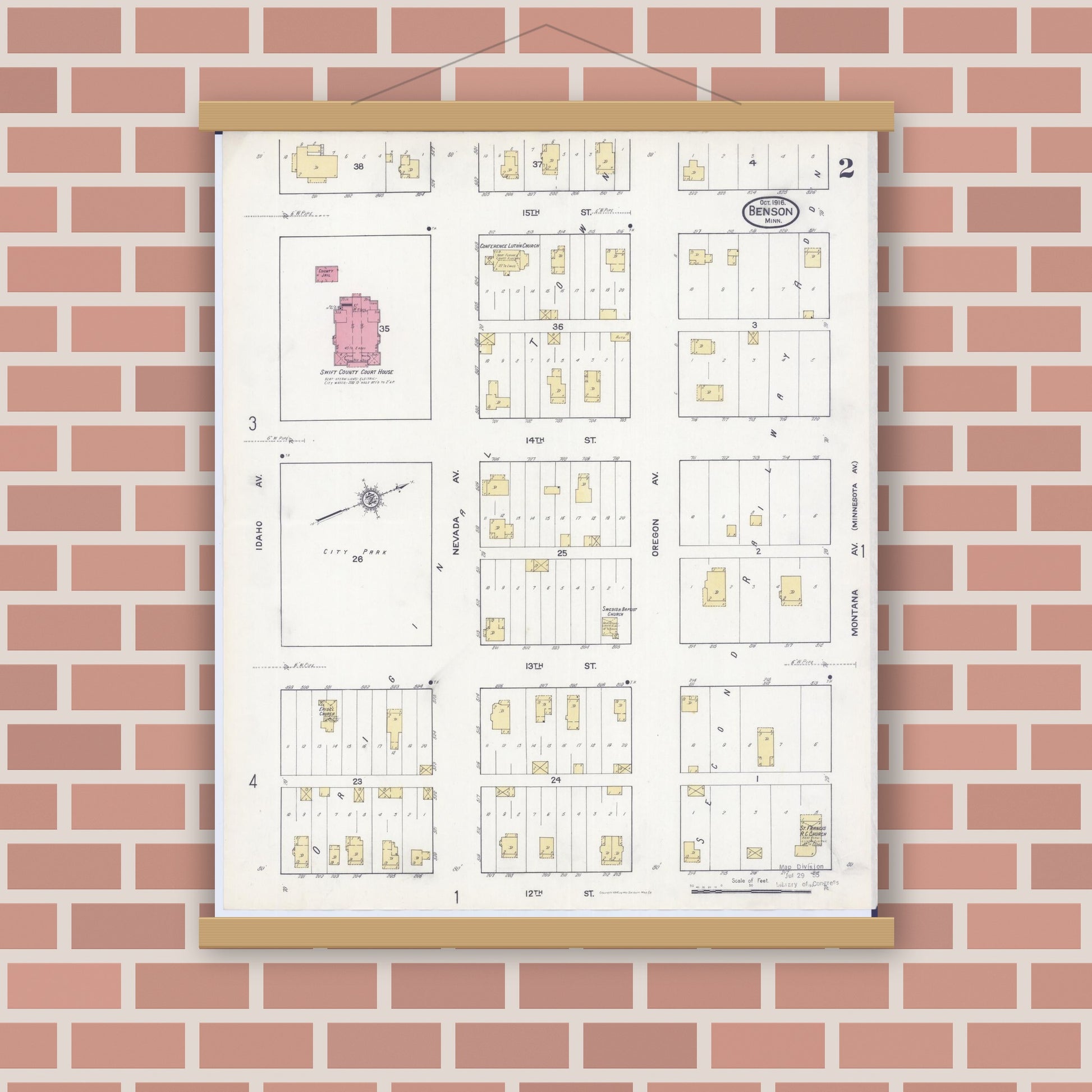 Old map wall art mockup — magnetic wood frame on brick wall — Sanborn Fire Insurance Map from Benson, Swift County, Minnesota (1916), Sheet #0002