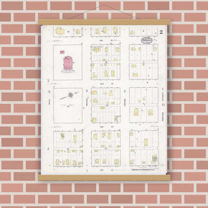 Old map wall art mockup — magnetic wood frame on brick wall — Sanborn Fire Insurance Map from Benson, Swift County, Minnesota (1916), Sheet #0002