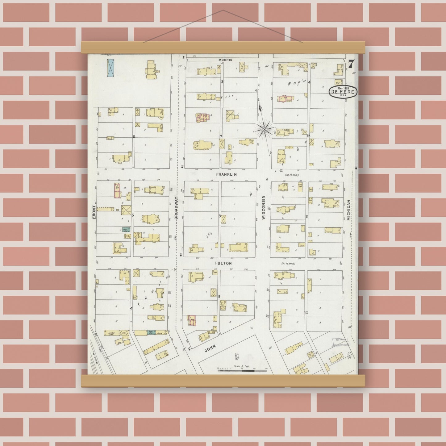 Old map wall art mockup — magnetic wood frame on brick wall — Sanborn Fire Insurance Map from De Pere, Brown County, Wisconsin (1895), Sheet #0007