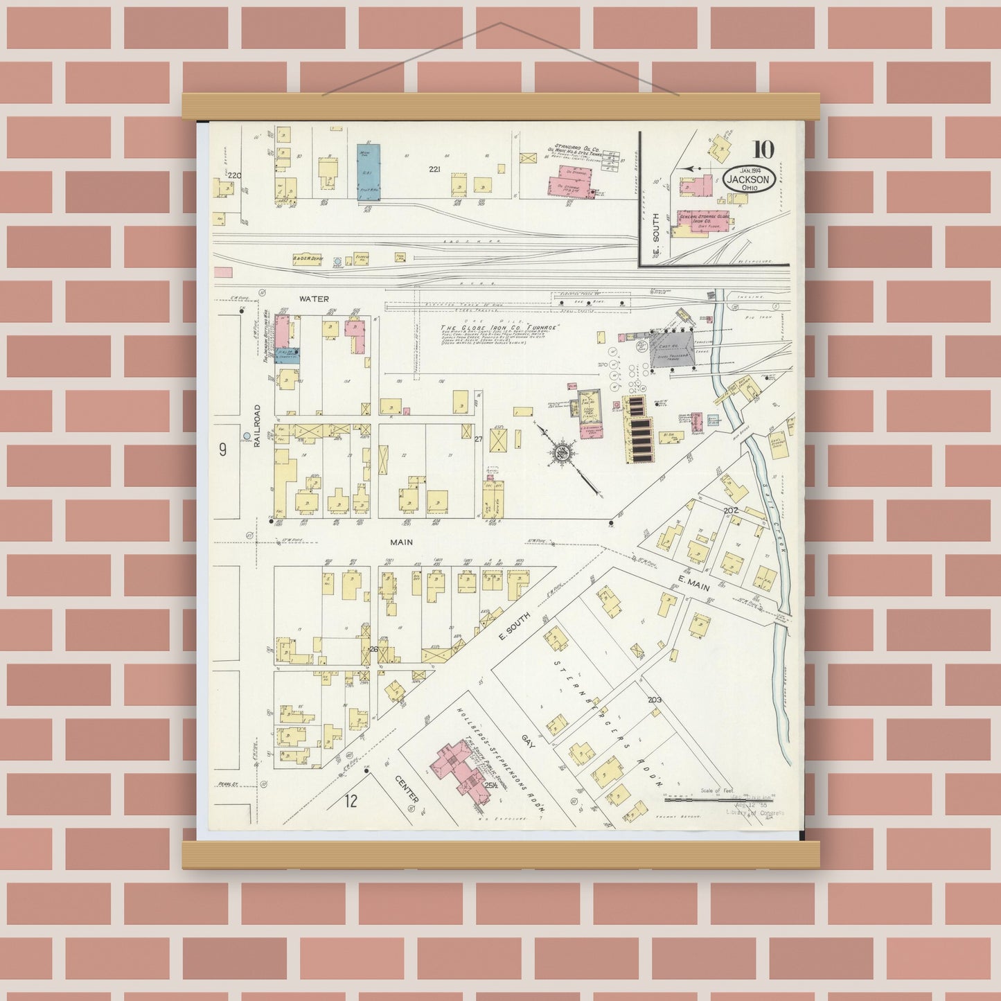 Old map wall art mockup — magnetic wood frame on brick wall — Sanborn Fire Insurance Map from Jackson, Jackson County, Ohio (1914), Sheet #0010