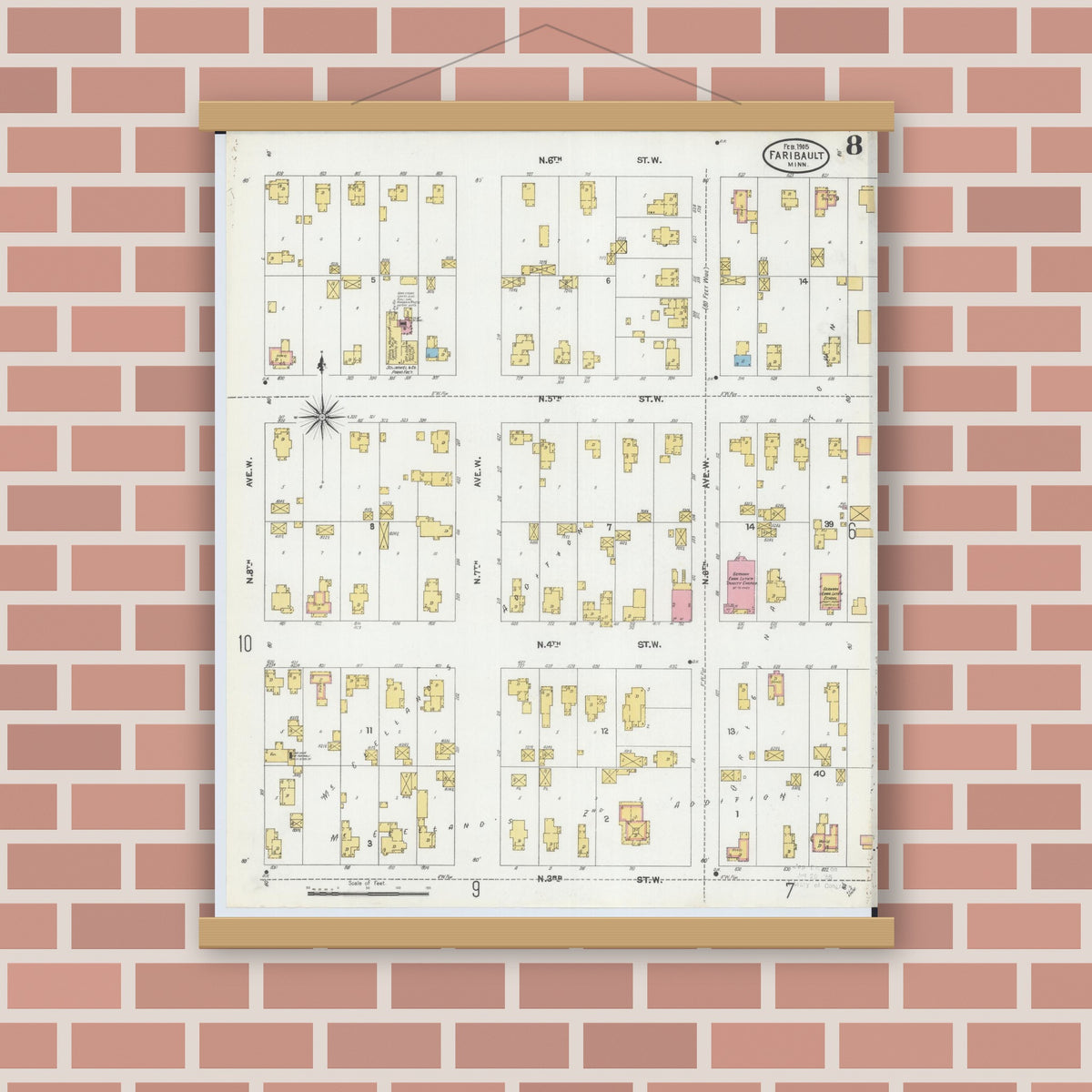 Old map wall art mockup — magnetic wood frame on brick wall — Sanborn Fire Insurance Map from Faribault, Rice County, Minnesota (1905), Sheet #0008