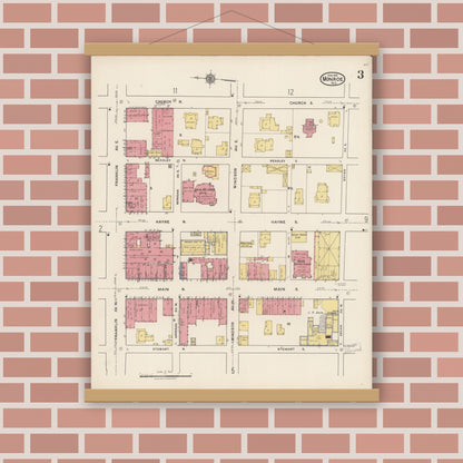 Old map wall art mockup — magnetic wood frame on brick wall — Sanborn Fire Insurance Map from Monroe, Union County, North Carolina (1922), Sheet #0003