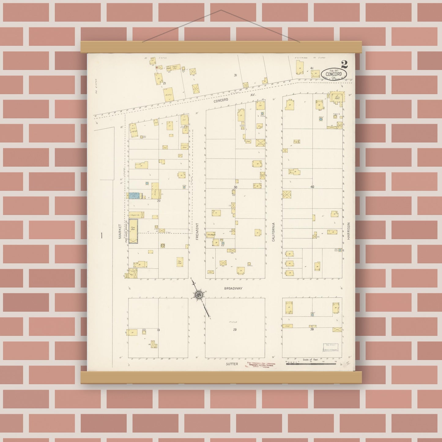 Old map wall art mockup — magnetic wood frame on brick wall — Sanborn Fire Insurance Map from Concord, Contra Costa County, California (1917), Sheet #0002