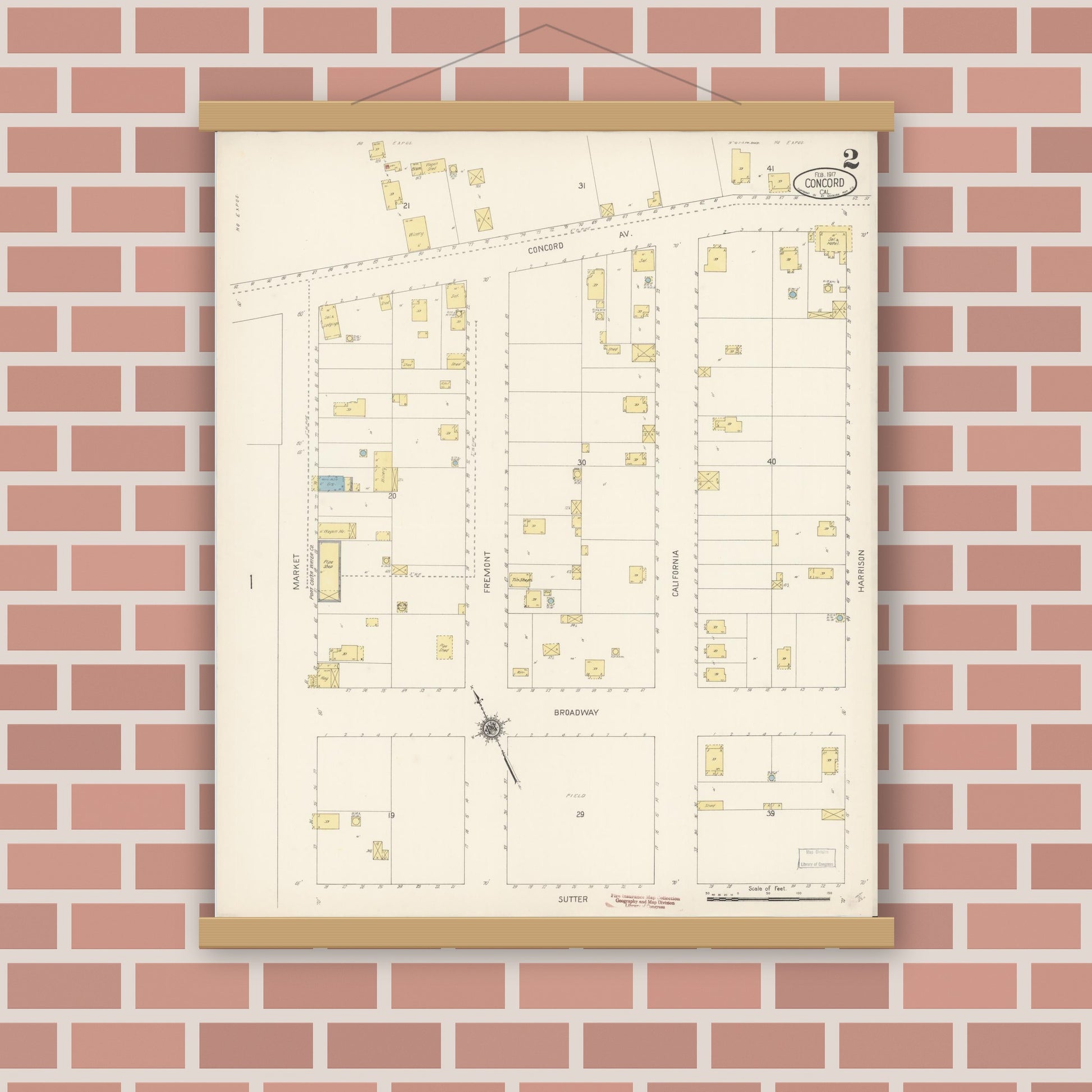 Old map wall art mockup — magnetic wood frame on brick wall — Sanborn Fire Insurance Map from Concord, Contra Costa County, California (1917), Sheet #0002