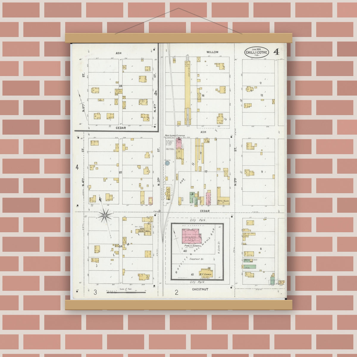 Old map wall art mockup — magnetic wood frame on brick wall — Sanborn Fire Insurance Map from Chillicothe, Peoria County, Illinois (1899), Sheet #0004
