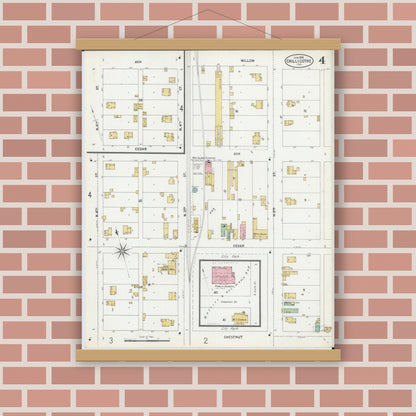 Old map wall art mockup — magnetic wood frame on brick wall — Sanborn Fire Insurance Map from Chillicothe, Peoria County, Illinois (1899), Sheet #0004