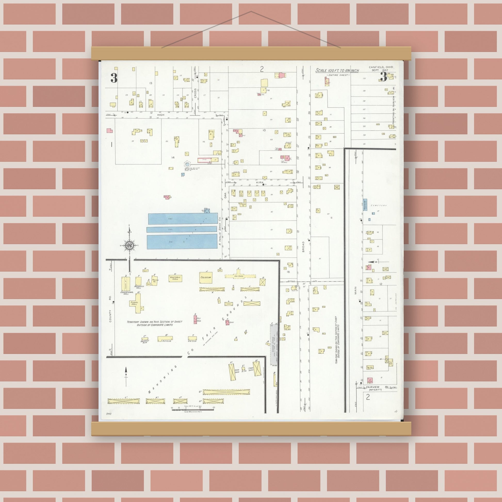 Old map wall art mockup — magnetic wood frame on brick wall — Sanborn Fire Insurance Map from Canfield, Mahoning County, Ohio (1937), Sheet #0003