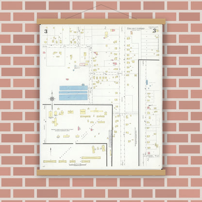 Old map wall art mockup — magnetic wood frame on brick wall — Sanborn Fire Insurance Map from Canfield, Mahoning County, Ohio (1937), Sheet #0003