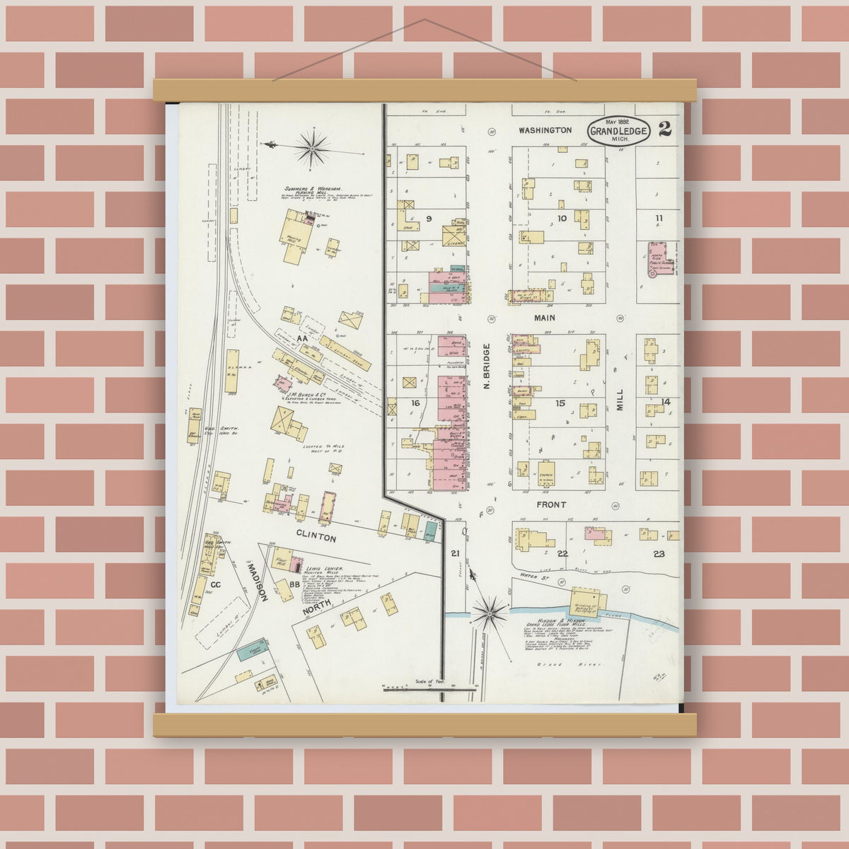 Old map wall art mockup — magnetic wood frame on brick wall — Sanborn Fire Insurance Map from Grand Ledge, Eaton County, Michigan (1892), Sheet #0002