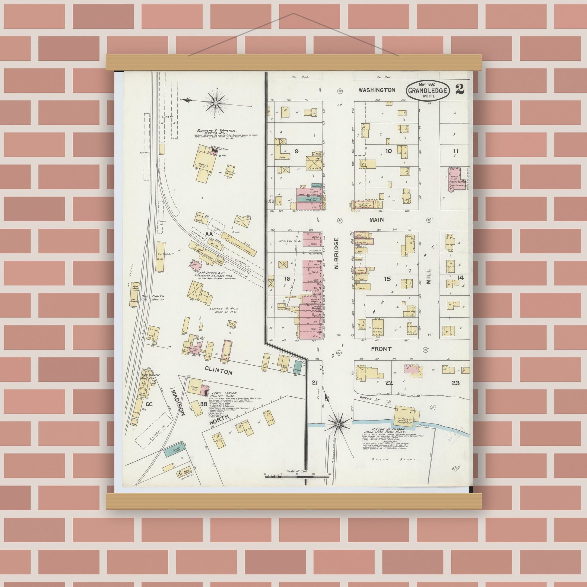Old map wall art mockup — magnetic wood frame on brick wall — Sanborn Fire Insurance Map from Grand Ledge, Eaton County, Michigan (1892), Sheet #0002