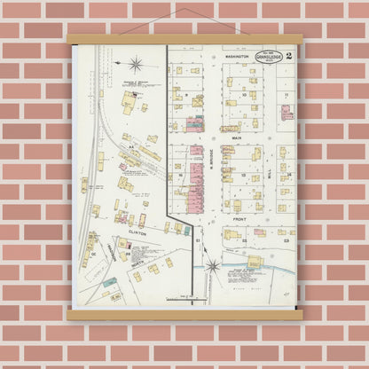 Old map wall art mockup — magnetic wood frame on brick wall — Sanborn Fire Insurance Map from Grand Ledge, Eaton County, Michigan (1892), Sheet #0002