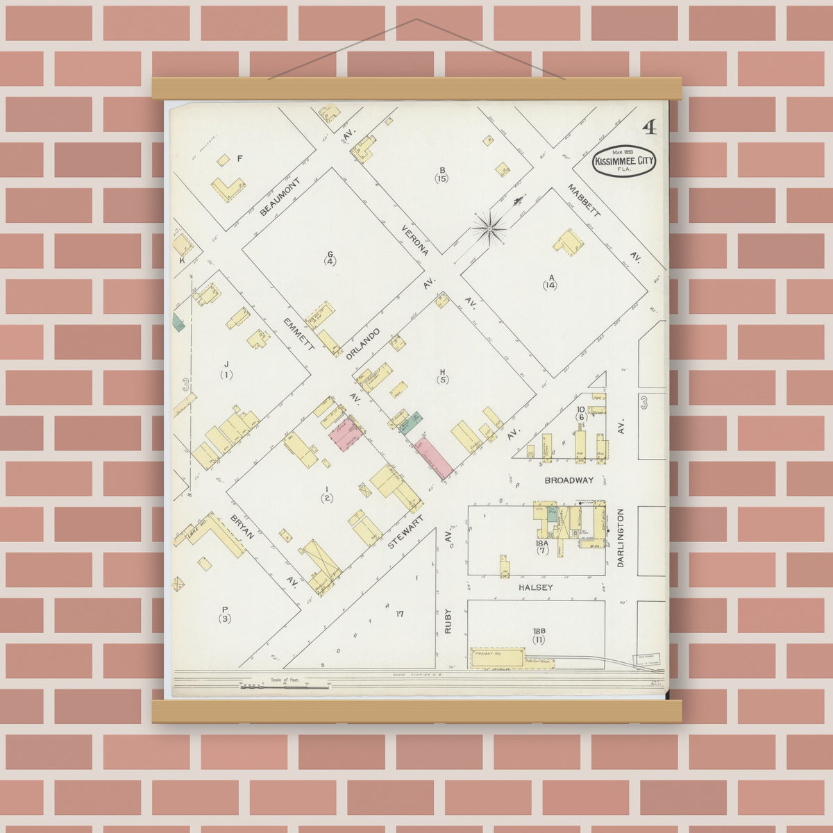 Old map wall art mockup — magnetic wood frame on brick wall — Sanborn Fire Insurance Map from Kissimmee, Osceola County, Florida (1893), Sheet #0004