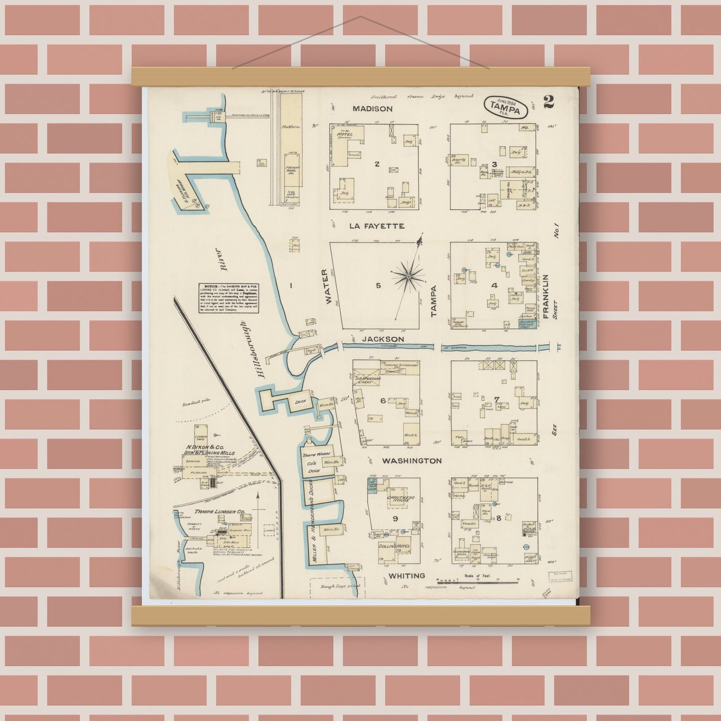 Old map wall art mockup — magnetic wood frame on brick wall — Sanborn Fire Insurance Map from Tampa, Hillsborough County, Florida (1884), Sheet #0002