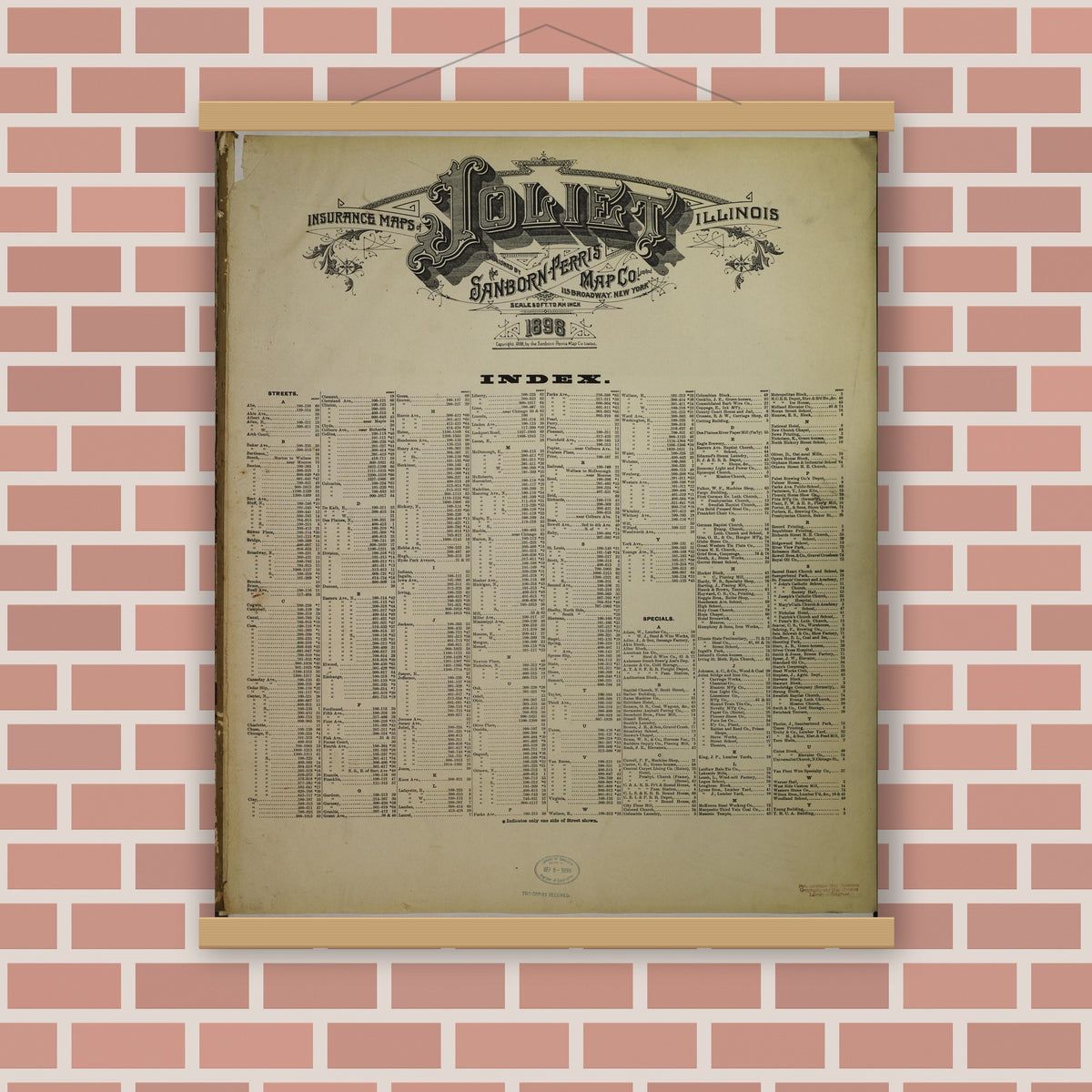 Old map wall art mockup — magnetic wood frame on brick wall — Sanborn Fire Insurance Map from Joliet, Will County, Illinois (1898), Sheet #0001