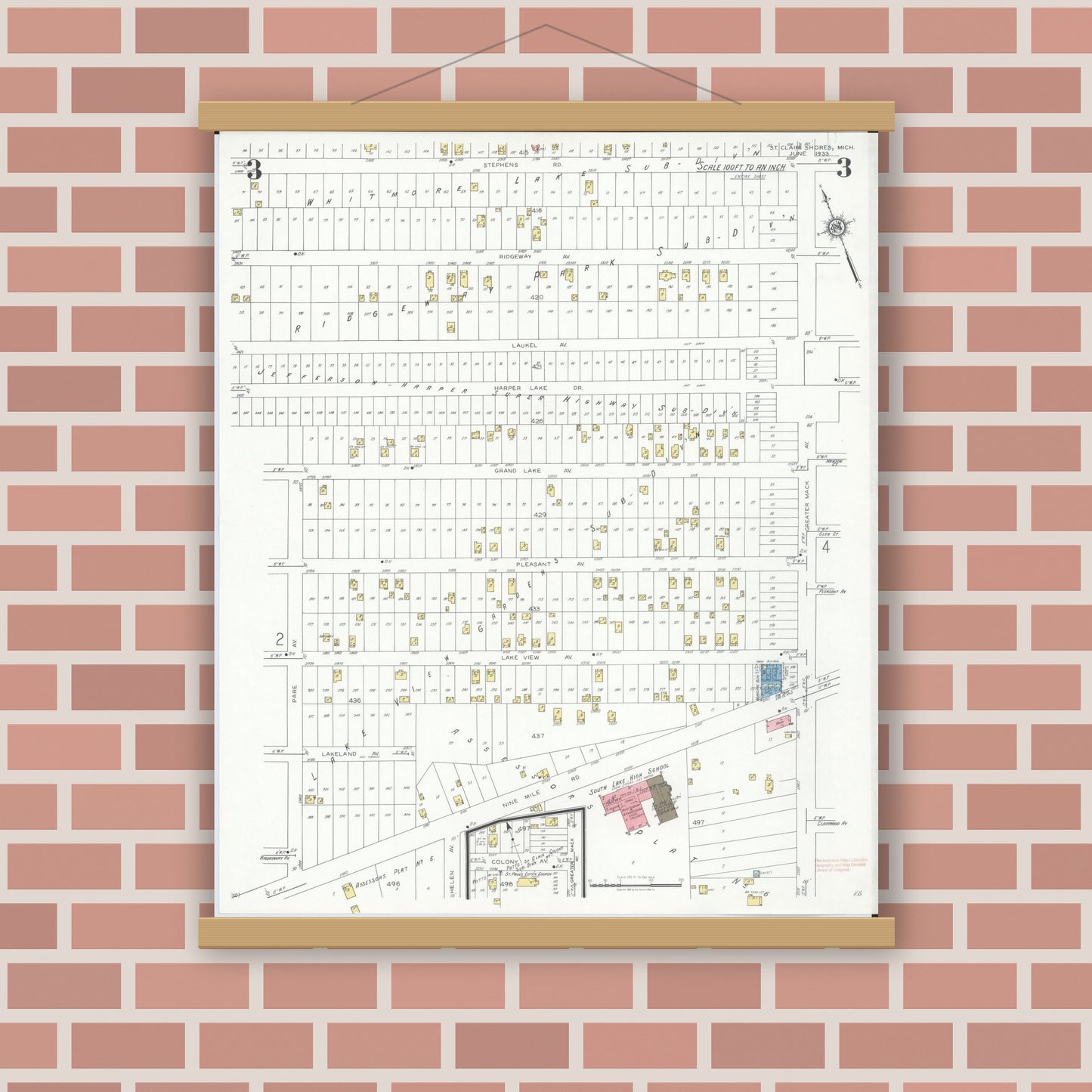 Old map wall art mockup — magnetic wood frame on brick wall — Sanborn Fire Insurance Map from Saint Clair Shores, Macomb County, Michigan (1933), Sheet #0003