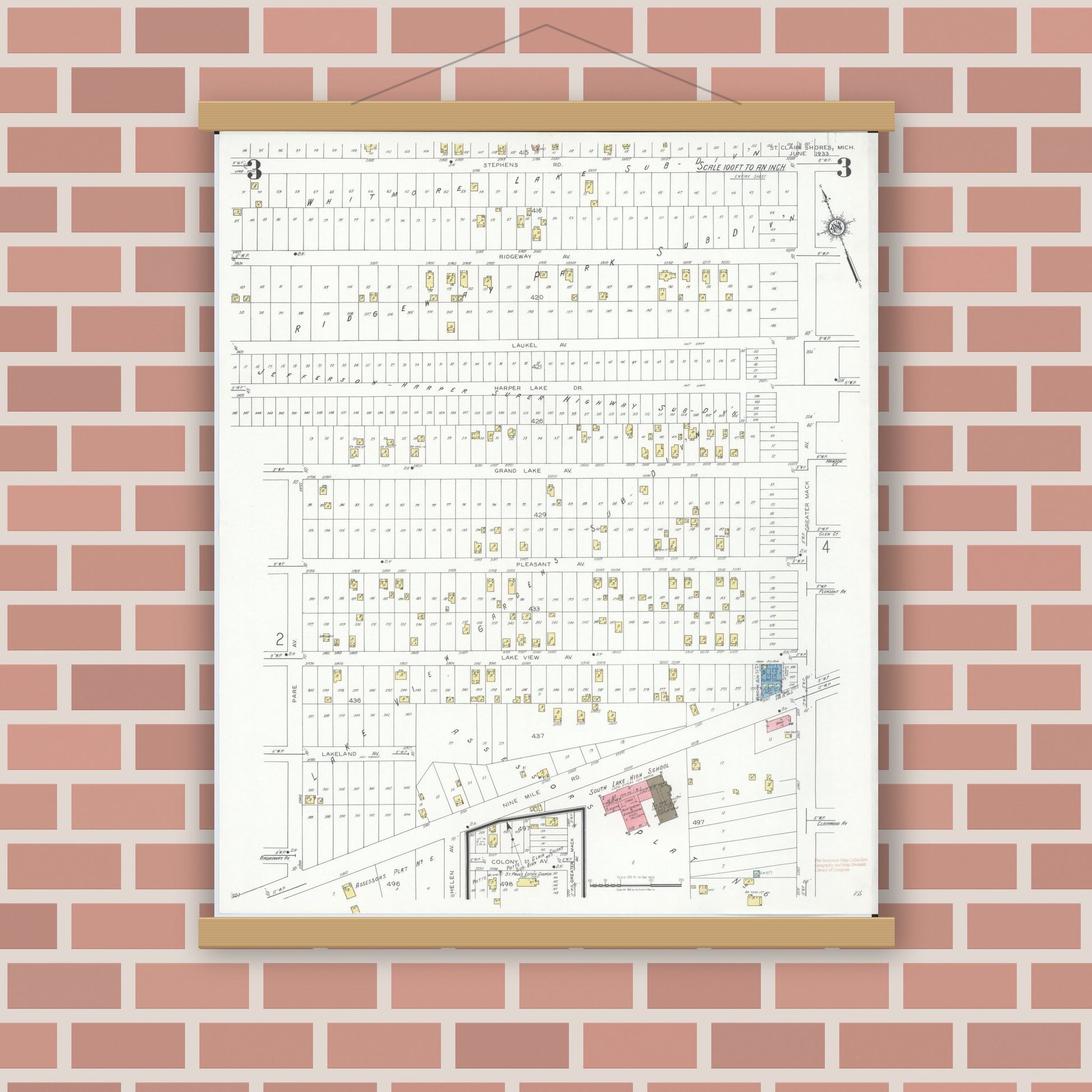Old map wall art mockup — magnetic wood frame on brick wall — Sanborn Fire Insurance Map from Saint Clair Shores, Macomb County, Michigan (1933), Sheet #0003