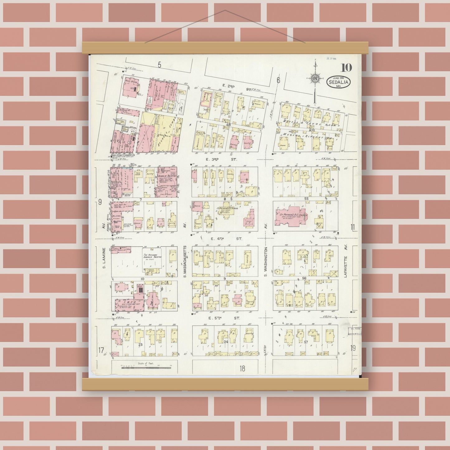 Old map wall art mockup — magnetic wood frame on brick wall — Sanborn Fire Insurance Map from Sedalia, Pettis County, Missouri (1914), Sheet #0010