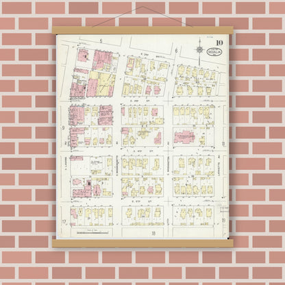 Old map wall art mockup — magnetic wood frame on brick wall — Sanborn Fire Insurance Map from Sedalia, Pettis County, Missouri (1914), Sheet #0010